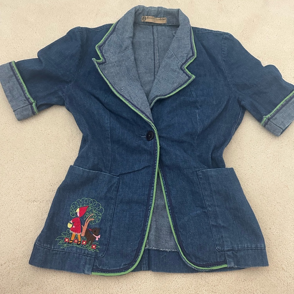 Vintage Embroidered Denim Blazer with Green Trim